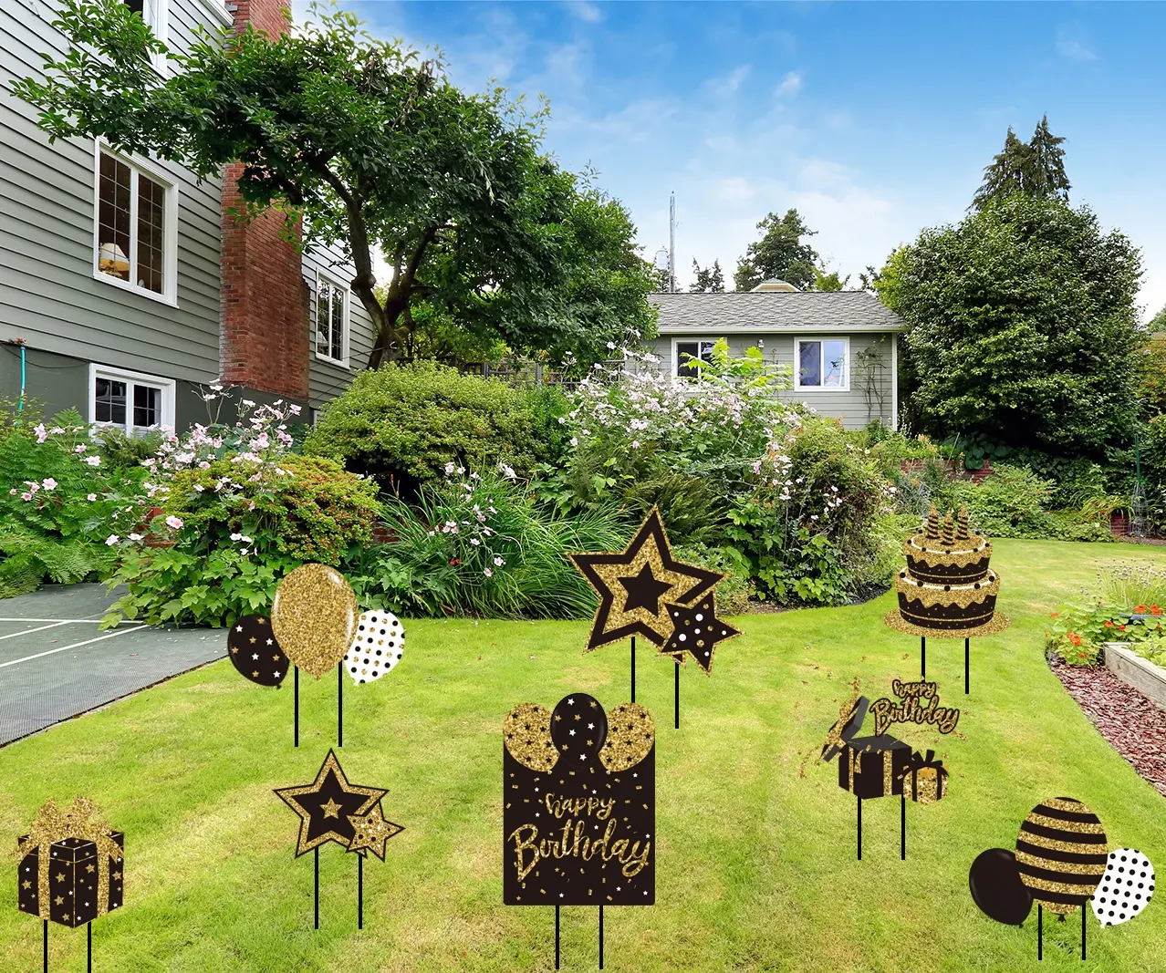 8 Pack Black Gold Happy Birthday Outdoor Lawn Yard Signs with Stakes Balloon Cake star giftbox Outdoor for Home Party Decoration