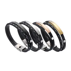 Wholesale Price Accept Small Order Leather Cuff Bracelet For men Four Colors Stainless Steel bracelet DIY Engraved Jewelry