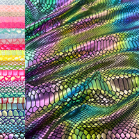 Nouveau design, tissu extensible 4 directions en spandex noir avec feuille d'or irisée effet peau de serpent pour maillots de bain, vêtements de danse et justaucorps de gymnastique