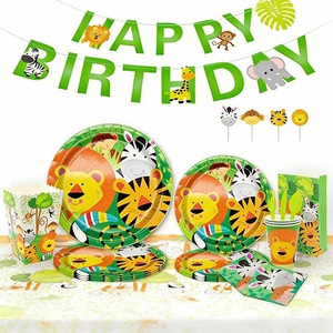 Ensemble de <span class=keywords><strong>vaisselle</strong></span> <span class=keywords><strong>jetable</strong></span> pour fête d'anniversaire sur le thème des animaux de la <span class=keywords><strong>jungle</strong></span>, assiettes en papier PE, gobelets, couverts, motifs d'animaux mignons - Product Image 2