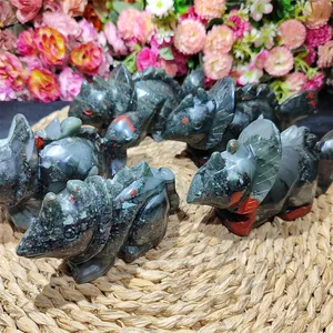 kindfull wholesale Natural Crystals Crafts Souvenirs Hand Carved Animal Figurine Blood stone Triceratops For Gifts