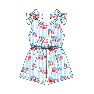 SR4128 CUSTOM Conjunto de mono sin mangas para bebé niña con estampado de flores azules y lazos, venta al por mayor - Product Image 3