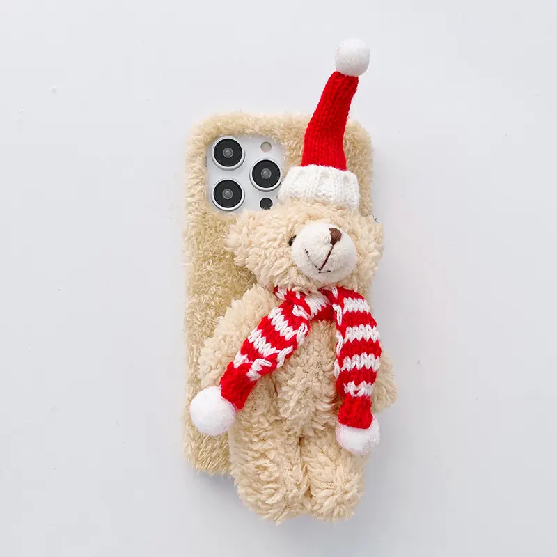 New Year Winter Christmas Style 3D Cute Bear Cartoon with Santa Hat Plush Warm Phone Case for iPhone 14 Pro Max Mobile Cover