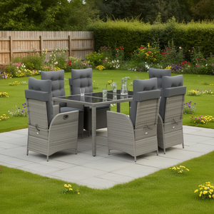 Ensemble de salle à manger de jardin en rotin gris 7 pièces avec repose-pieds réglables, mobilier d'extérieur au design contemporain - Product Image 2