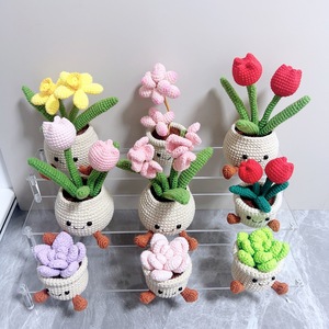 Finished Succulent Money Tree Bonsai Hand-woven Flower Pot Knitted Simulation Flower Smiling Face Design Home
