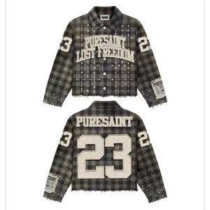 Tùy Chỉnh Người Đàn Ông Của Retro Vuông Flannel T-Shirt Quá Khổ Thả Vai Dài Tay Áo Rhinestone Sọc Quan Thoại Giản Dị Bông Tẩy - Product Image 5