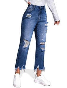 Jeans Rotos Miumiu para Mujer, Cintura Alta, Pierna Recta, Largo al Tobillo, Estilo Urbano, Diseño Levanta Glúteos, Algodón de Primavera - Product Image 1