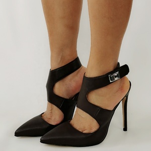 Zapatos de tacón alto de cuero para mujer con aberturas y hebillas traseras, sandalias de verano con punta cerrada y tacón de aguja - Product Image 4