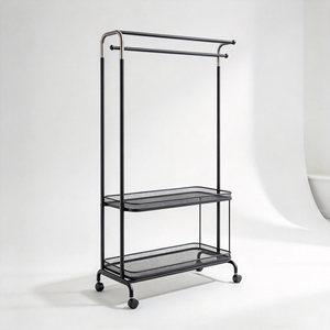 Porte-manteau en métal noir sur roulettes avec étagères en maille pour chambre et salon - Product Image 2