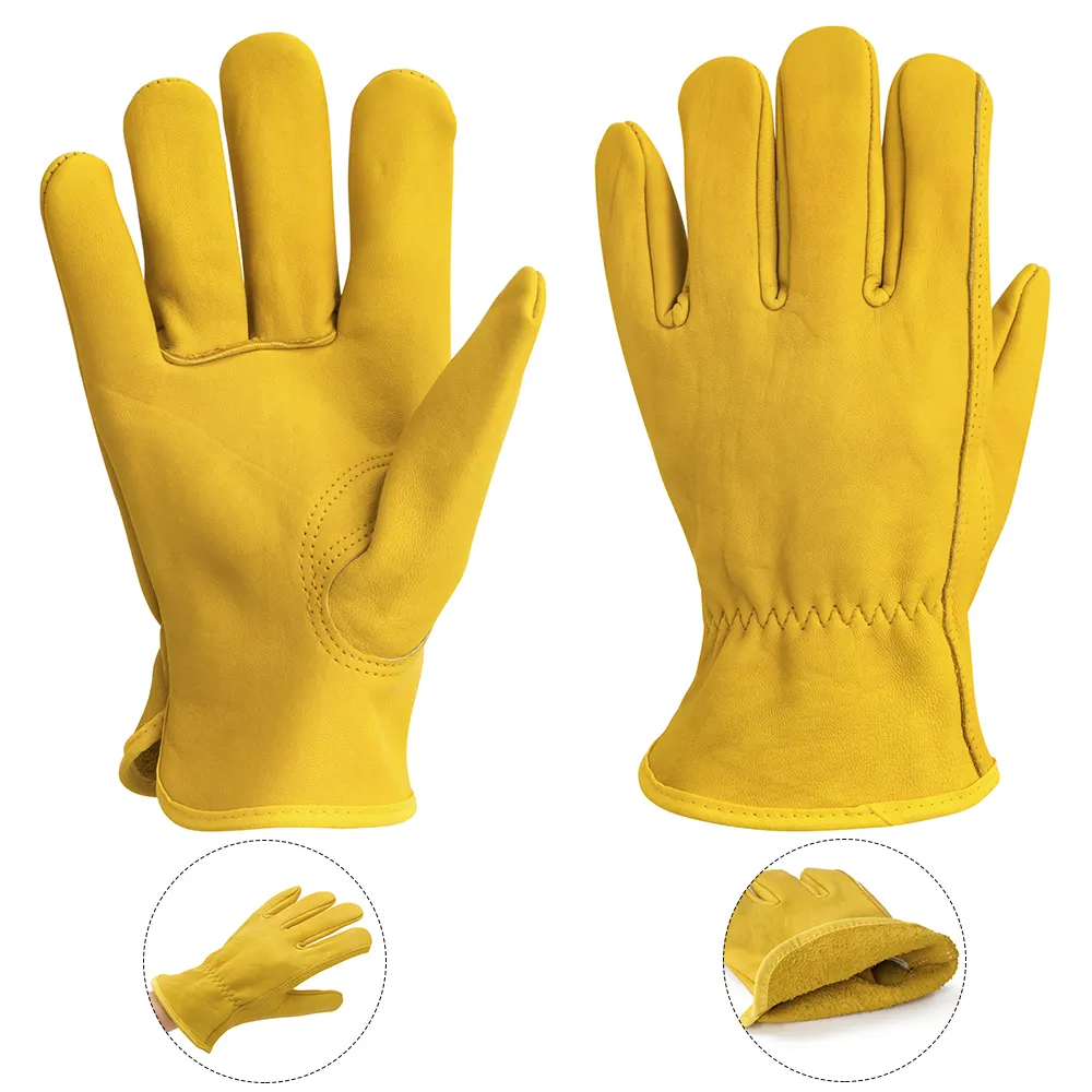 Yellow full finger leather durable thick anti cut safety car driving gloves work gloves driver gloves