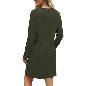Vestido Casual de Manga Larga para Mujer, Color Verde Oliva, Cuello Redondo, Abertura Lateral, Largo hasta la Rodilla, Corte Holgado, Transpirable, Tejido, para Viaje, 2024, Talla L - Product Image 5