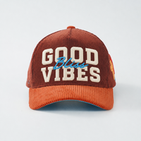 Casquette de baseball personnalisée en velours côtelé à 5 panneaux, blocs de couleur, broderie 3D Good Vibes, motif floral latéral, pour hommes, style Hip Hop Streetwear, usine OEM