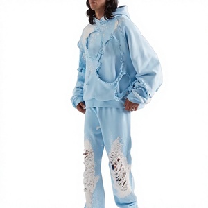 Sudadera con Capucha Unisex Azul Claro Desgastada, Conjunto Deportivo de Manga Larga, Estilo Urbano con Efecto de Goteo, Corte Holgado, Ropa de Primavera para Adultos - Product Image 1