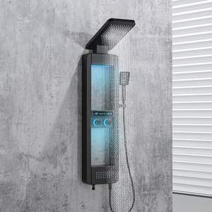 Système de douche à panneau <span class=keywords><strong>LED</strong></span> avec étagère, pomme de douche pluie et système de massage par jets d'eau, acier inoxydable pour salle de bain - Product Image 1