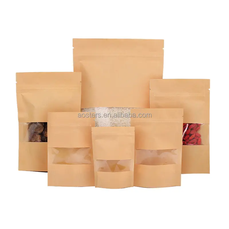 Food packaging aluminium foil bag brown kraft paper ziplock pouch stand up flat bottom bag food pouches