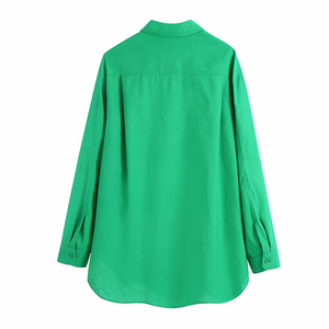 Mode féminine chemises à manches longues surdimensionné solide <span class=keywords><strong>vert</strong></span> Vintage femme Chic Blouse 100% coton rabattu chemises pour femmes - Product Image 2