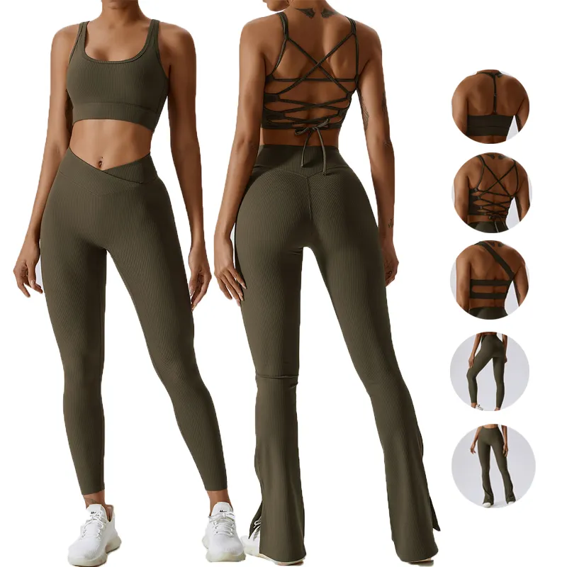 2023 Jogger Seamless Sportswear Fitness Gym Clothing Women 5 Piece Ribbed Yoga Set Sports Bra Leggings Activewear