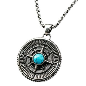 Collar con brújula retro Yunnique para hombre, colgante redondo de plata tibetana con incrustaciones de turquesa, diseño geométrico, cadena para suéter, regalo - Product Image 5