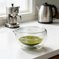 Bol à matcha en verre borosilicate à double paroi de style japonais, mélangeur à matcha avec bec verseur, Chawan en verre transparent, bol à matcha en verre