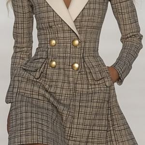 Vestido a Cuadros Clásico y Moderno OEM, Cuello en Contraste, Corte en A, Mangas Largas, Mini Vestido para Mujer - Product Image 3