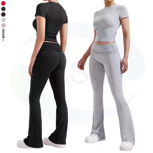 Vente en gros Ensemble yoga gym mode sans couture pour <span class=keywords><strong>femme</strong></span> Haut court <span class=keywords><strong>fitness</strong></span> décontracté manches courtes <span class=keywords><strong>femme</strong></span> sport pantalon évasé leggings - Product Image 1