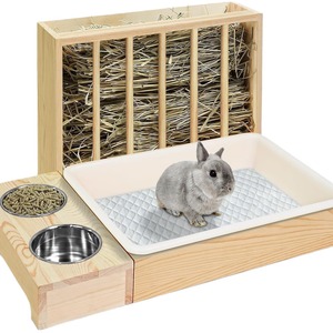 ZMaker Nouveau Mangeoire à foin pour <span class=keywords><strong>lapin</strong></span> en bois 3 en 1 avec bac à litière Bac à litière pour <span class=keywords><strong>lapin</strong></span> Mangeoires à foin avec bac à litière et bols - Product Image 1