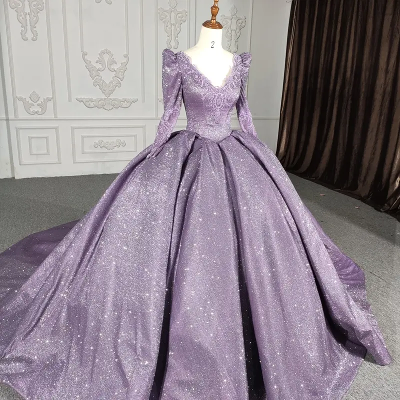 Janceber DY1112 robe de soirée violet cristal brillant robe de bal à manches longues