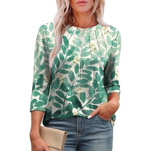 Nueva Camiseta Informal Plisada de Cuello Redondo y Manga Tres Cuartos para Mujer, a la Moda - Product Image 6