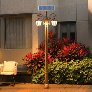 <b>Solar</b> Powered Garden <b>Light</b> <b>Post</b> Dual Glass Shades 2700K Warm White LED Bronze Finish IP66 Motion Sensor Iron Construction - Product Image 6