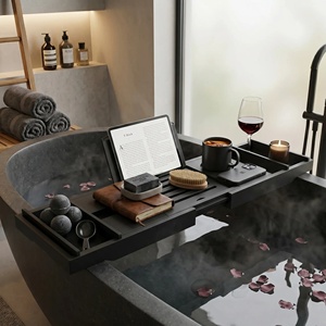 Accesorios de Baño de Bambú Negro Ajustables y Expandibles, <span class=keywords><strong>Bandeja</strong></span> de <span class=keywords><strong>Bañera</strong></span> de Lujo de <span class=keywords><strong>Madera</strong></span> con Portavasos y Soporte para Libros - Product Image 5