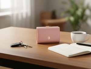 Portafoglio da donna a tre ante con clip, in microfibra sintetica, colore unico, con decorazione a lucchetto - Product Image 2