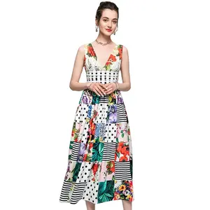 High Quality Holiday Flower Long Dress Casual Ladies Sexy V Neck Sleeveless Maxi Summer Dresses For Women Vintage Vestidos