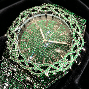 Montre unique avec cadran à motif d'épines, testée au diamant, sertie de moissanite, montre entièrement sertie de diamants, style hip-hop, grande montre - Product Image 1