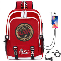 Tas Ransel Pria Gaya Smoke Shop Streetwear untuk Perjalanan, Motif Cookie Backwoods RAW Kartun Anime, Bahan Oxford, Dilengkapi USB Charger