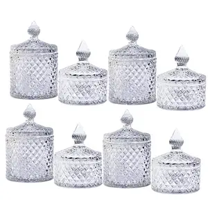 Free sample hot sale round crystal diamond faceted candy jar empty transparent clear candle glass jars for candle making