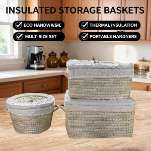 Panier de rangement en paille tressé à la main CT avec couvercle, conteneur alimentaire isotherme, boîte de rangement <span class=keywords><strong>pour</strong></span> aliments <span class=keywords><strong>pour</strong></span> animaux de compagnie en herbe naturelle écologique, décoration intérieure - Product Image 4