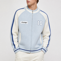 Cardigan en tricot pour homme, style universitaire rétro, nautique, numéro 10, à blocs de couleur et rayures, manches raglan, à fermeture éclair, manches longues