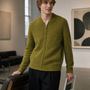 Cardigan long tricoté pour <span class=keywords><strong>homme</strong></span> vert olive, en <span class=keywords><strong>maille</strong></span> brossée duveteuse, veste bomber zippée intégrale, fournisseur de pulls cardigan avec logo personnalisé - Product Image 2