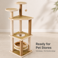 En gros Arbre à chat moderne en bois à cinq niveaux avec poteaux en corde de sisal naturelle, plateformes de observation, grand condo pour chat et ouverture de fenêtre panoramique