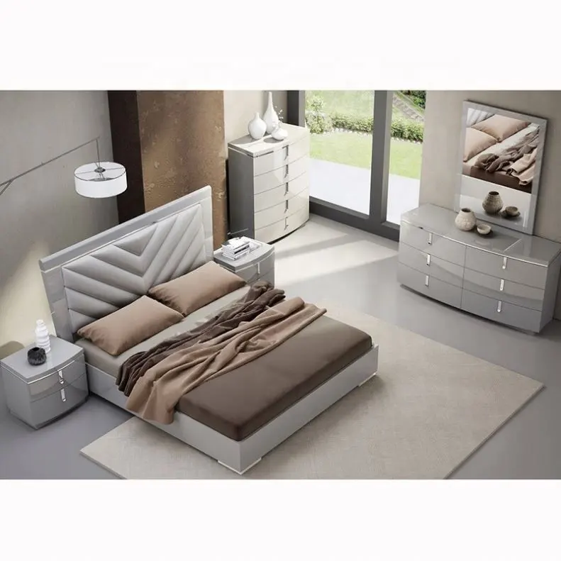 Juego de dormitorio completo, moderno, King Size, con cama, cabecero tapizado y armarios