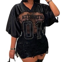 Chemise chemisier en dentelle transparente personnalisée T-shirt surdimensionné en dentelle transparente à manches courtes T-shirt à manches courtes avec appliques de lettres et de contrastes T-Shirt en dentelle transparente pour femmes