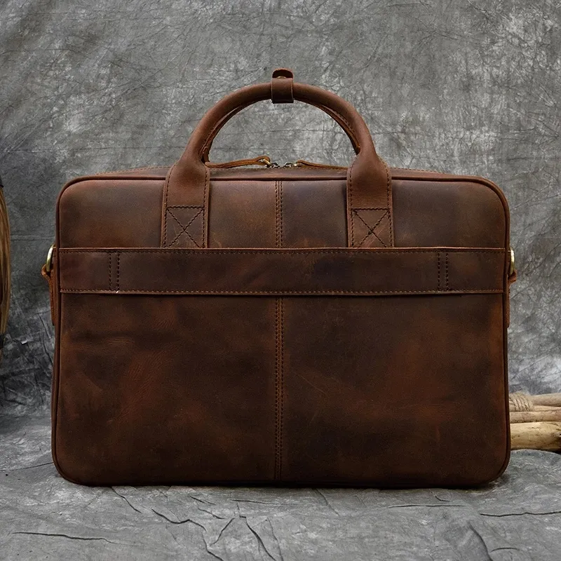 Retro Laptop Briefcase Bag Genuine Leather Handbags Men's Briefcases Office Business Tote For Document