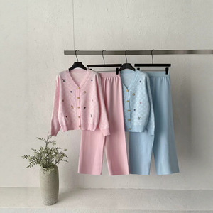 2026 Summer Loose Gentle Style Embroidered <strong>Knit</strong> <strong>Set</strong> for Women V-Neck Cardigan and Wide-Leg Pants Casual Two-Piece <strong>Set</strong> - Product Image 1