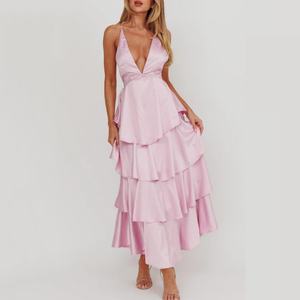 Vestidos de Moda con Escote Profundo en V, Multicapa, para Mujer, con Volantes de Satén, Espalda Descubierta, Color Rosa, Largos - Product Image 1