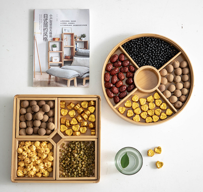 Plateau De Service En Bois Et Verre Avec Couvercle Et 9 Compartiments - 24x24x4 Cm | Snacks, Fruits Secs, Bonbons