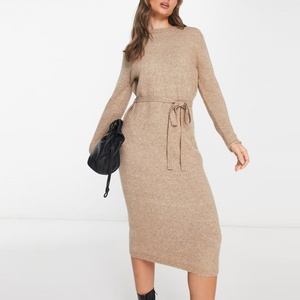 Vestido de punto casual con cuello redondo y manga larga, ajustado, para oficina, con lazo, de longitud midi, para mujer, con cinturón - Product Image 3