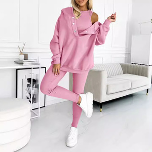 ชุดเซ็ตสามชิ้น เสื้อฮู้ดสีพื้นแบบสปอร์ตลำลองสำหรับผู้หญิง กางเกงขายาวทรงเข้ารูปแบบหนา พร้อมเสื้อกั๊กแบบมีเชือกผูก - Product Image 2