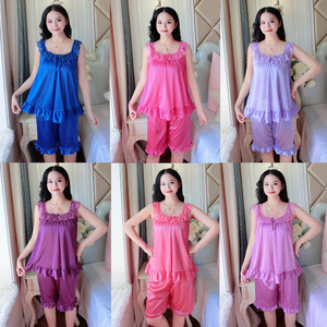 Pyjama d'été <span class=keywords><strong>H</strong></span>-599 pour femme, en soie satinée, ensemble deux pièces, haut sans manches à col rond et short, vêtements de nuit pour femmes - Product Image 4