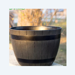 Usine Direct Prix Macetas De Madera Résine En Plastique Pot De Fleurs et Pot De Plante En Gros Vintage En Bois Comme Baril pour Jardin