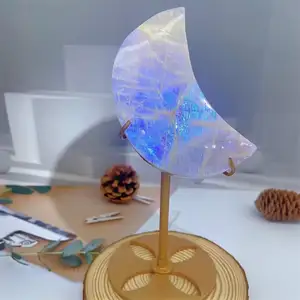 Luna di cristallo di fluorite di agata fatta a mano di cristallo naturale di alta qualità all'ingrosso con supporto in metallo per la decorazione domestica